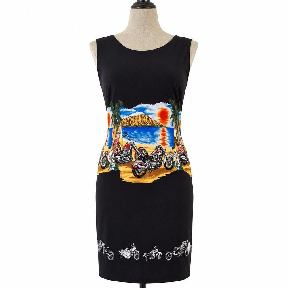 Ky’s Motorcycle Print Dress XL Biker Hawaiian Shift Beach Pinup Midi